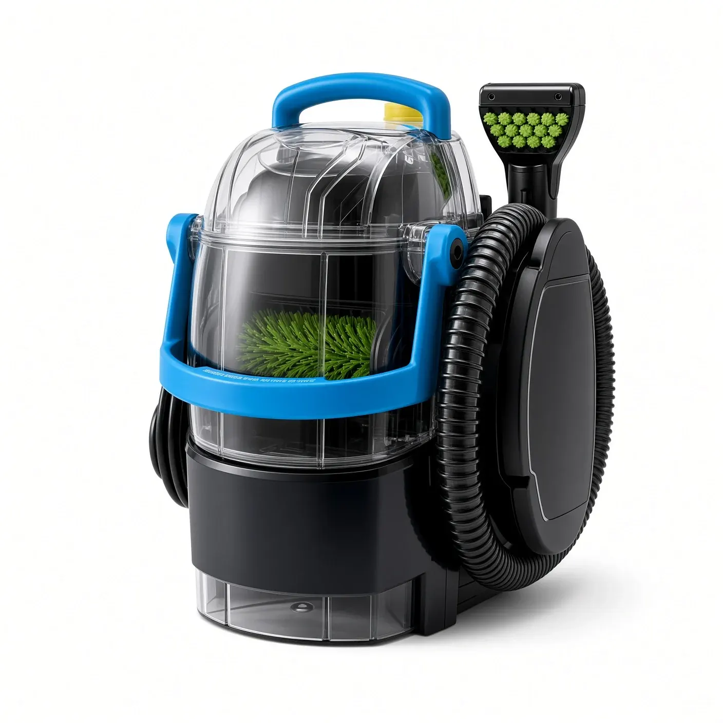 AI-generated illustration of a portable spot cleaner with a carry handle, clear tanks, hose and stain tool