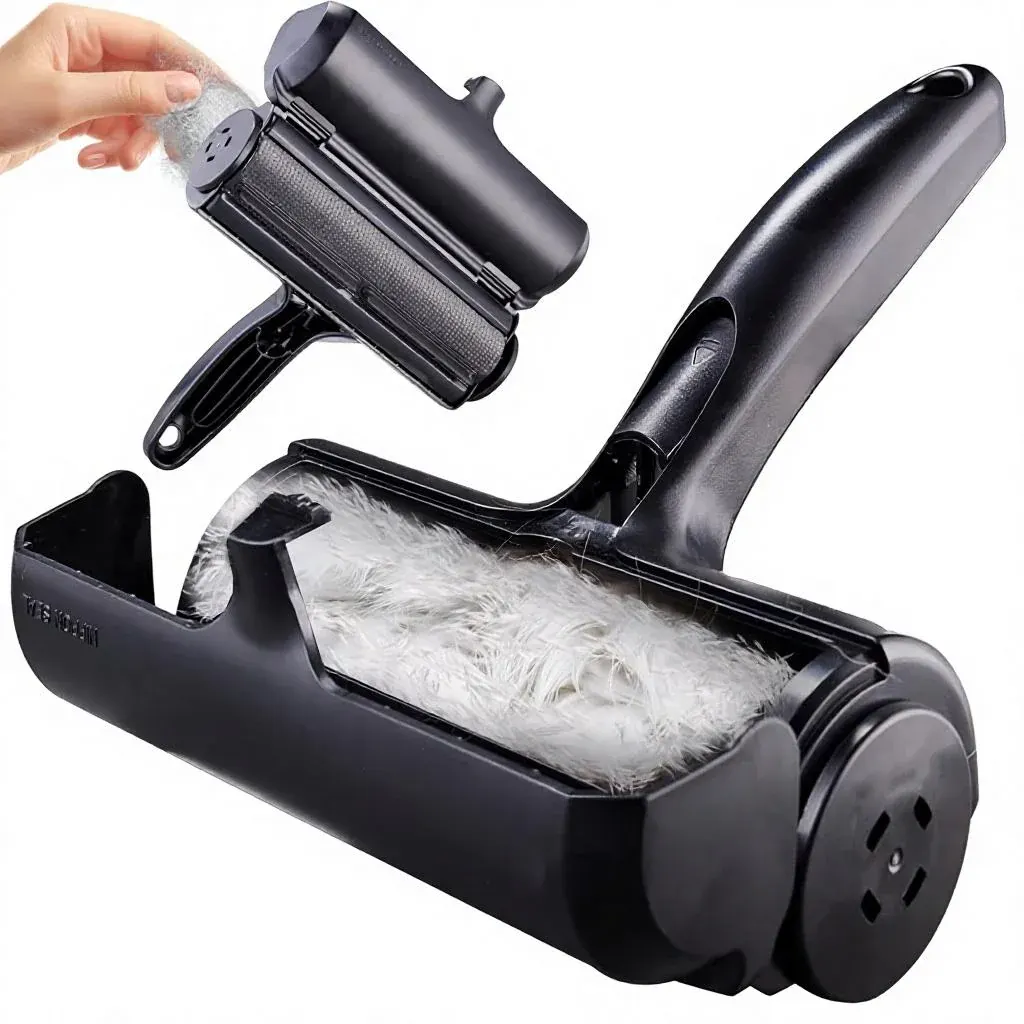 AI-generated illustration of a black pet hair roller opened to show the collected hair, with a hand emptying a second one