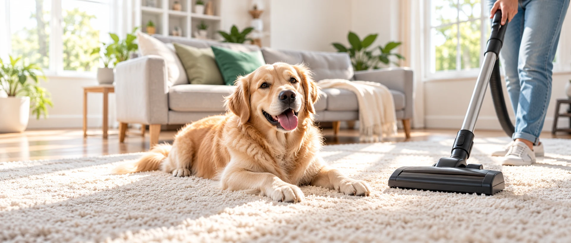 Golden retriever lying on a light rug in a bright living room while a person vacuums