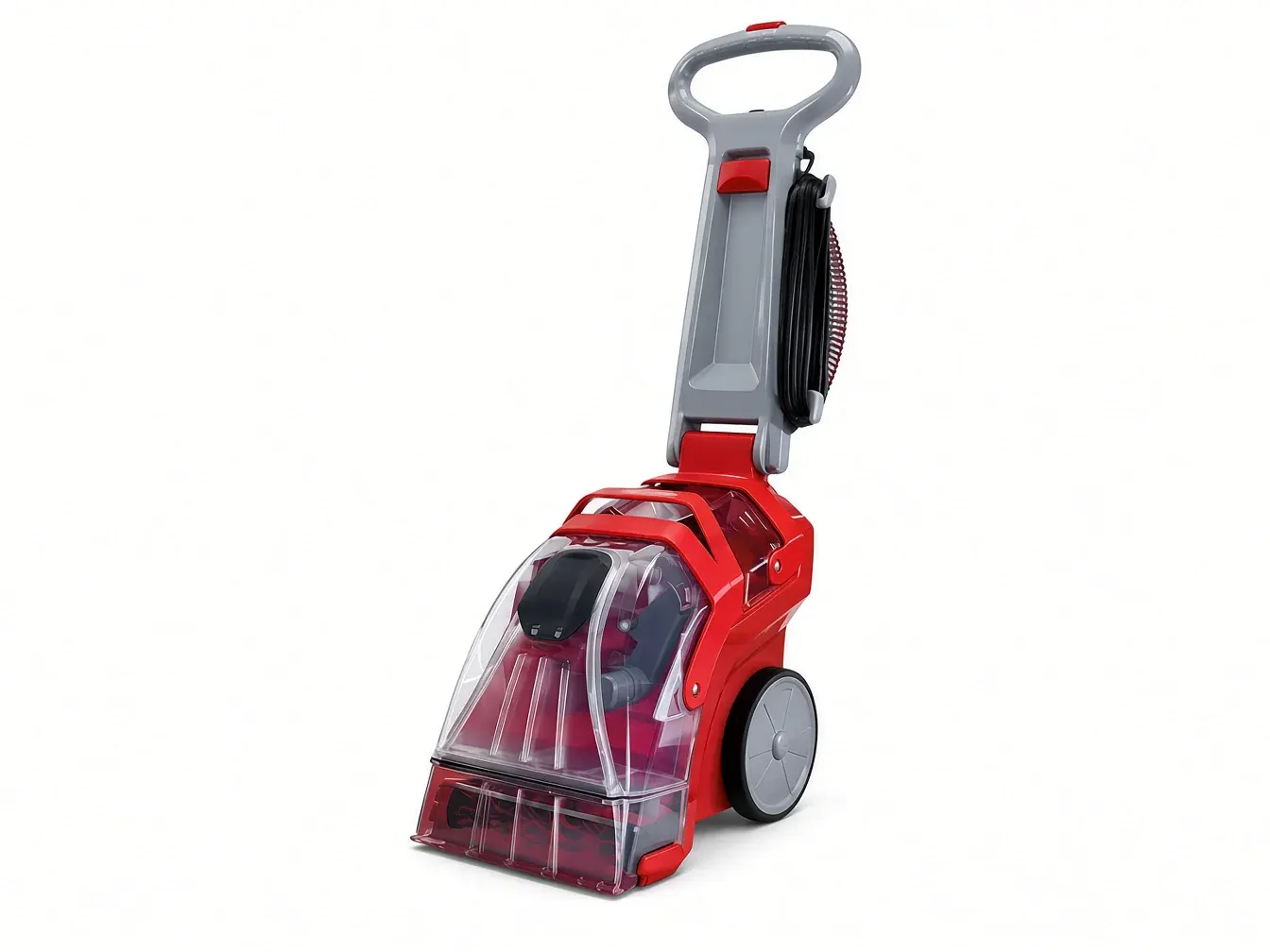 AI-generated illustration of a red and grey upright carpet cleaner with a clear front tank, hose and wheels